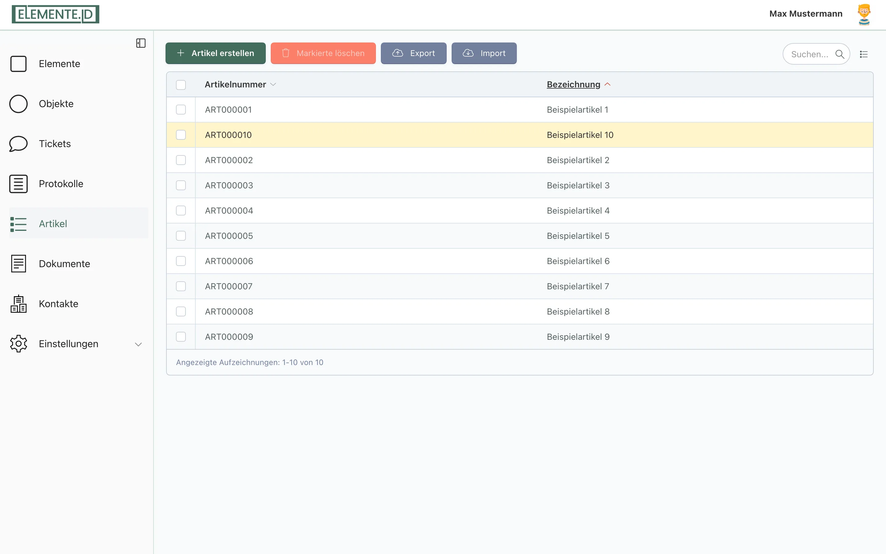 Screenshot: Hauptnavigation mit hervorgehobenem Eintrag „Artikel“