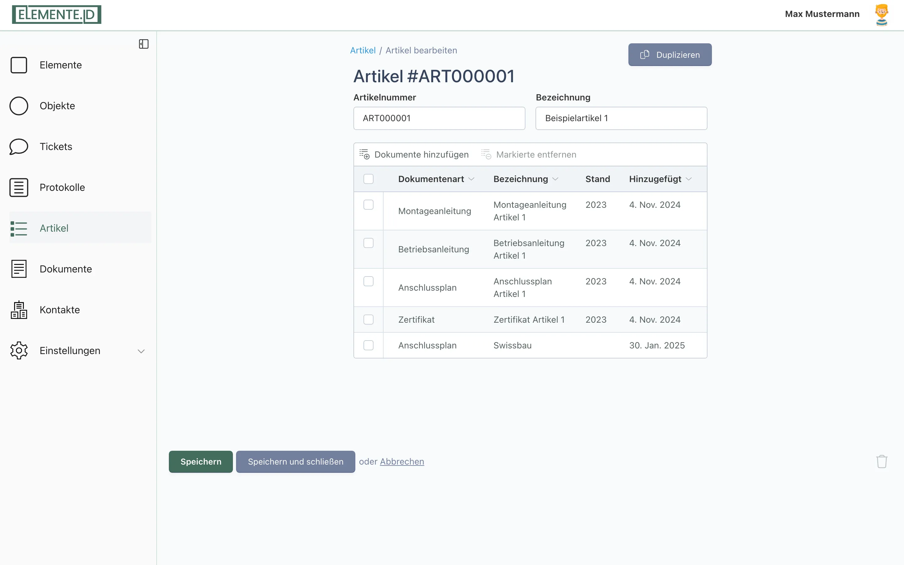 Screenshot: Bearbeitungsseite eines Artikels mit Überschrift „Artikel #ART000001“ und den Schaltflächen Speichern, Speichern und schließen, Löschen sowie Duplizieren