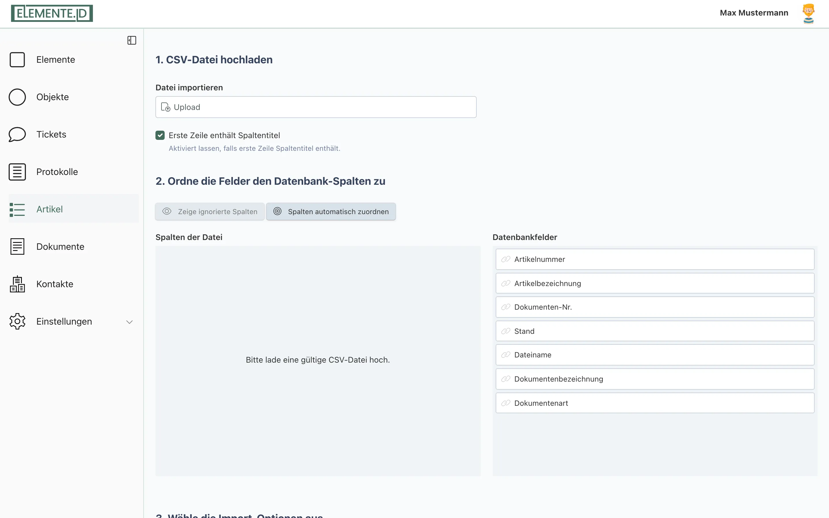 Screenshot: Seite „Artikel importieren“ mit CSV-Upload und dem Feld Dokumente für die ZIP-Datei
