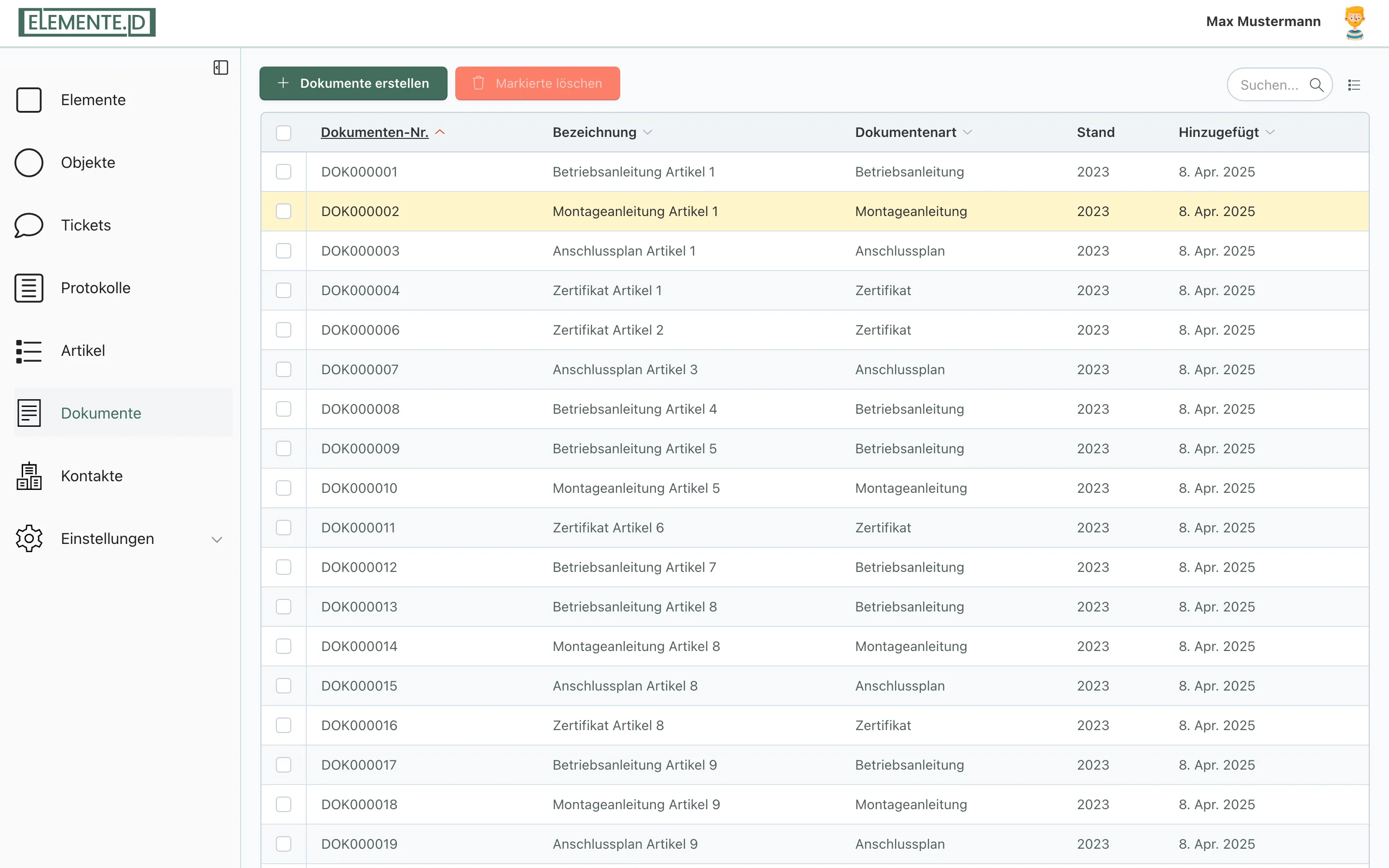 Screenshot: Hauptnavigation mit hervorgehobenem Eintrag „Dokumente"
