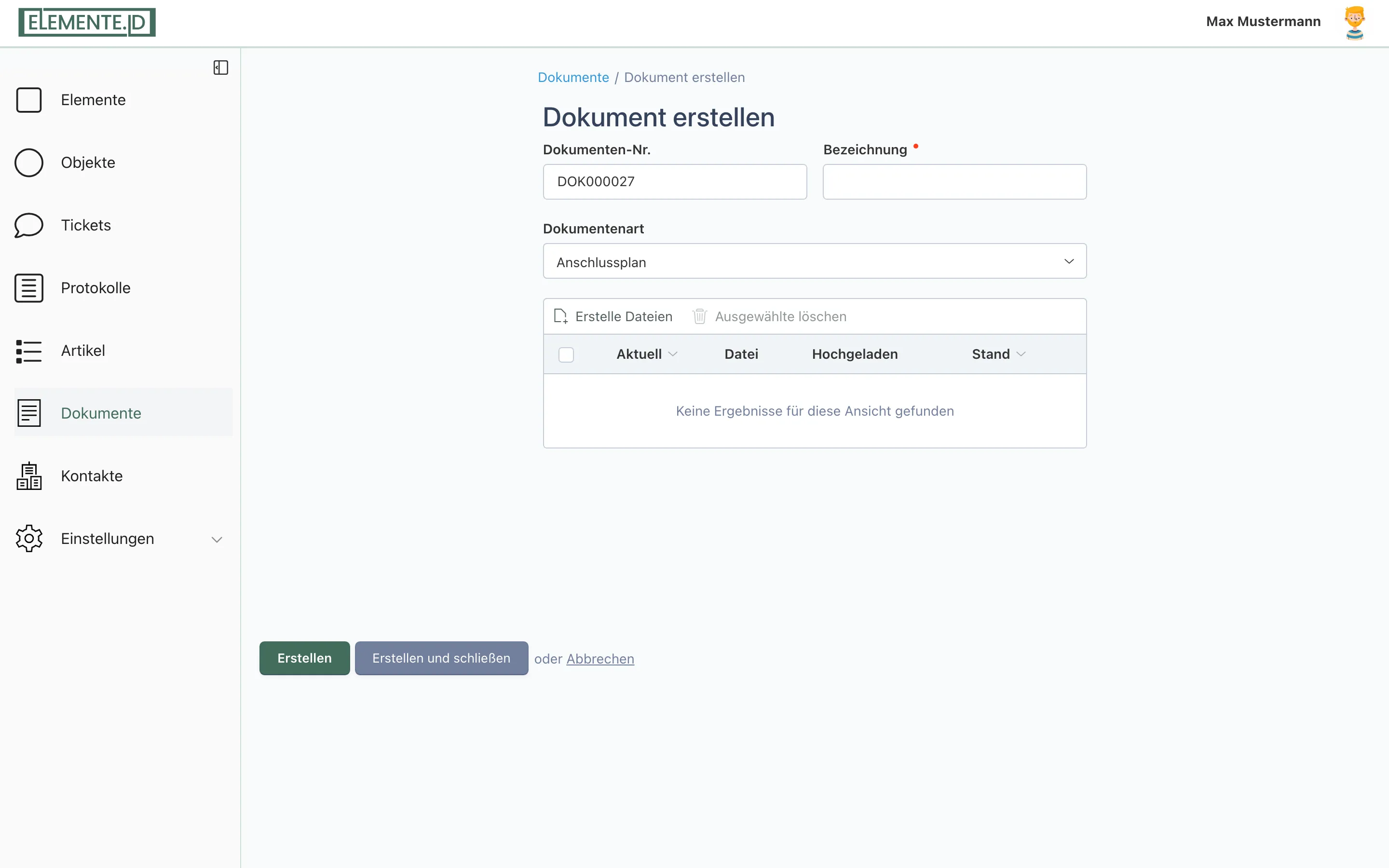 Screenshot: Formular „Dokument erstellen" mit den Feldern Dokumenten-Nr. (gesperrt), Bezeichnung, Dokumentenart und Datei-Upload