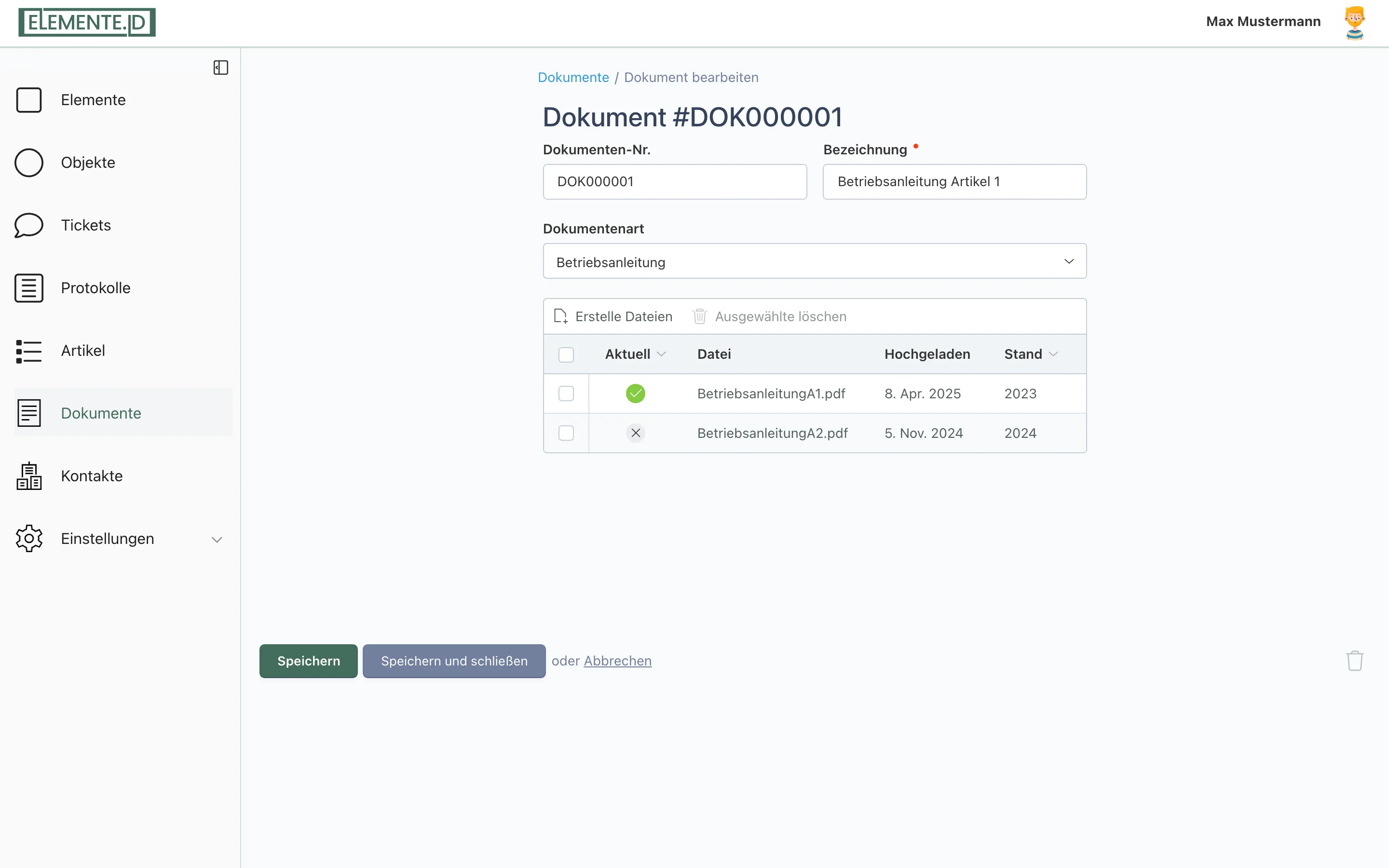 Screenshot: Bearbeitungsansicht „Dokument #..." mit dem Bereich „Dateien" und den Spalten Aktuell, Datei, Hochgeladen, Stand