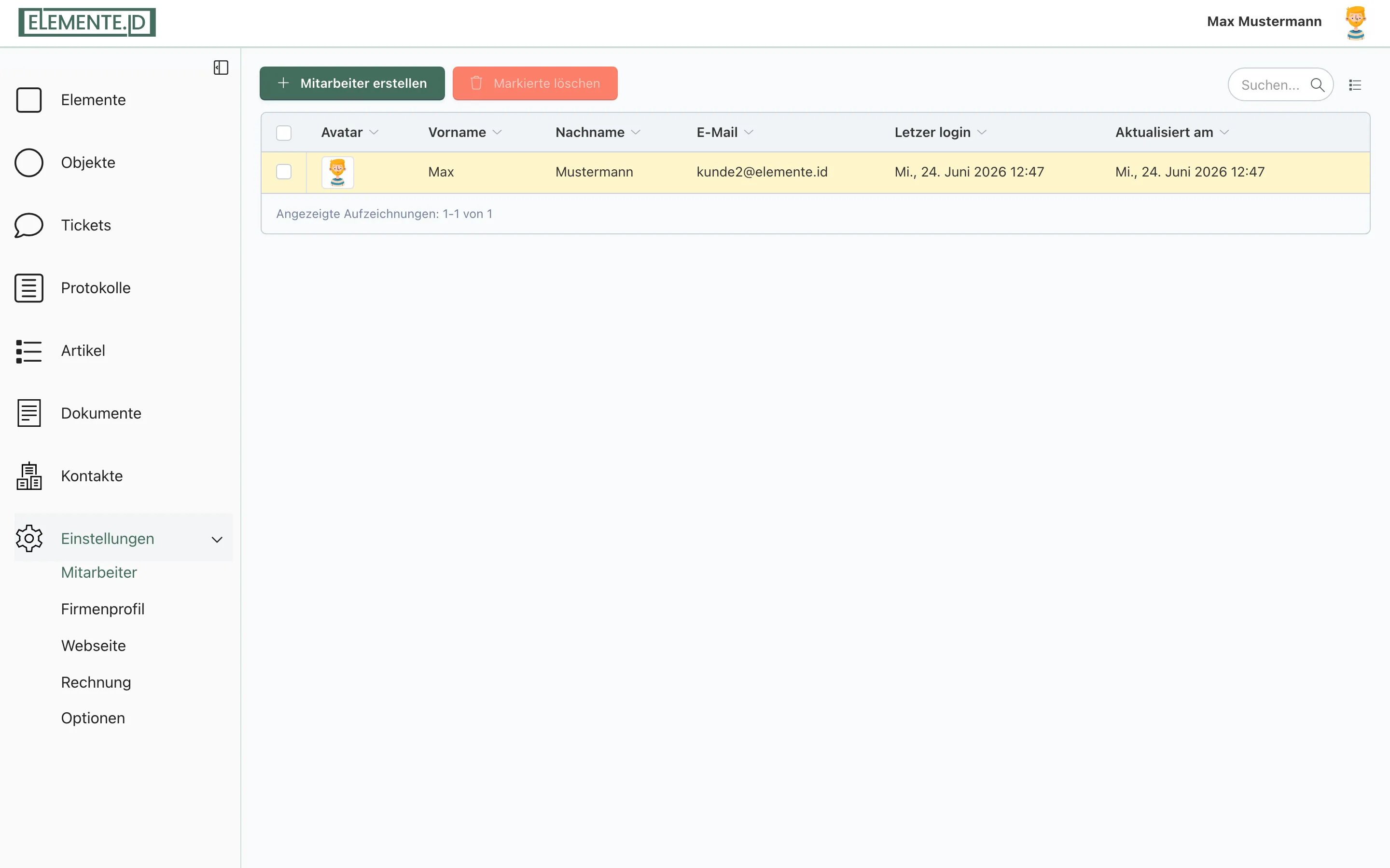 Screenshot: Hauptnavigation mit geöffnetem Untermenü „Einstellungen", die fünf Einträge Mitarbeiter, Firmenprofil, Webseite, Rechnung und Optionen sind sichtbar