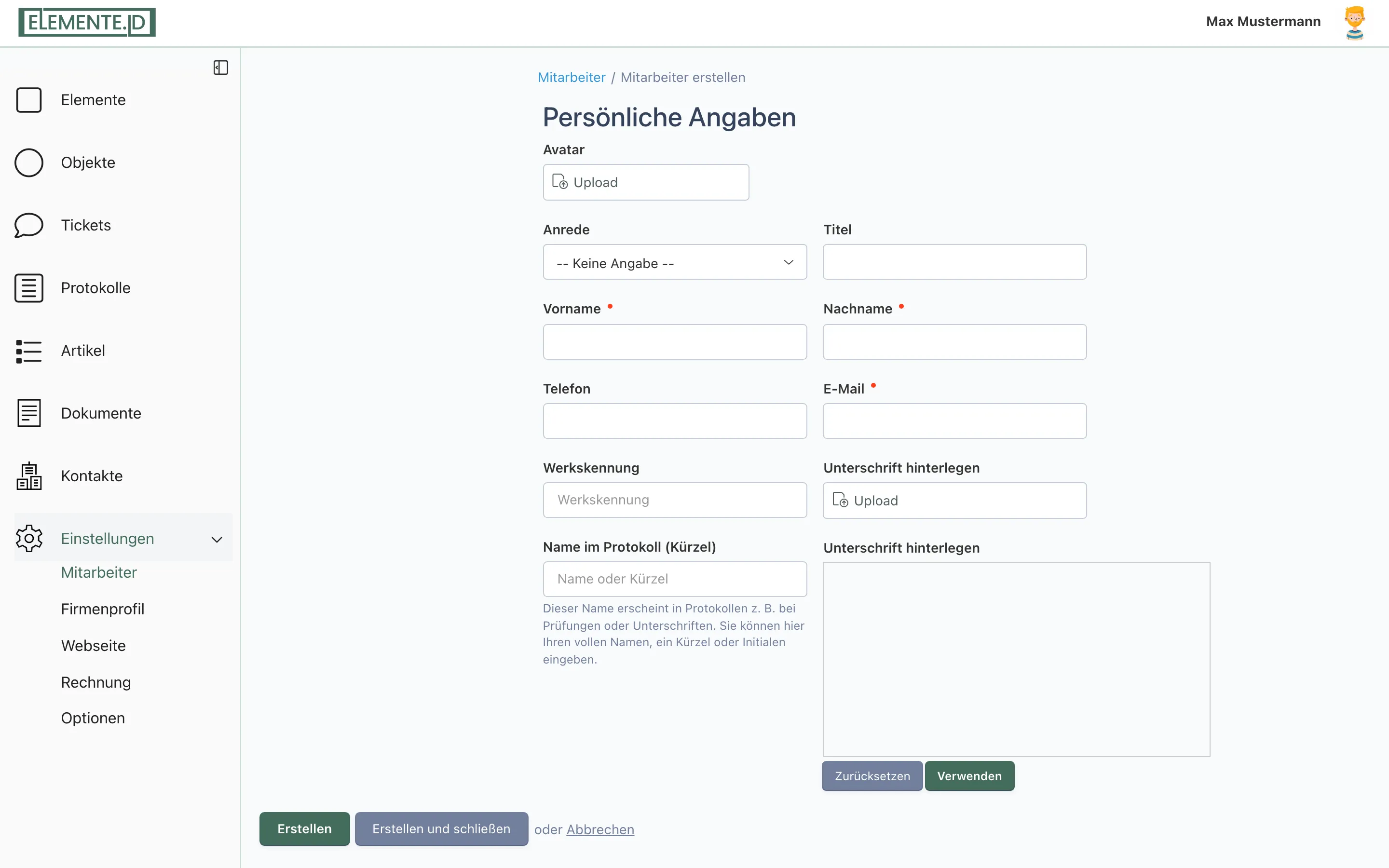 Screenshot: Formular „Persönliche Angaben" mit den Feldern Anrede, Vorname, Nachname, E-Mail und Name im Protokoll