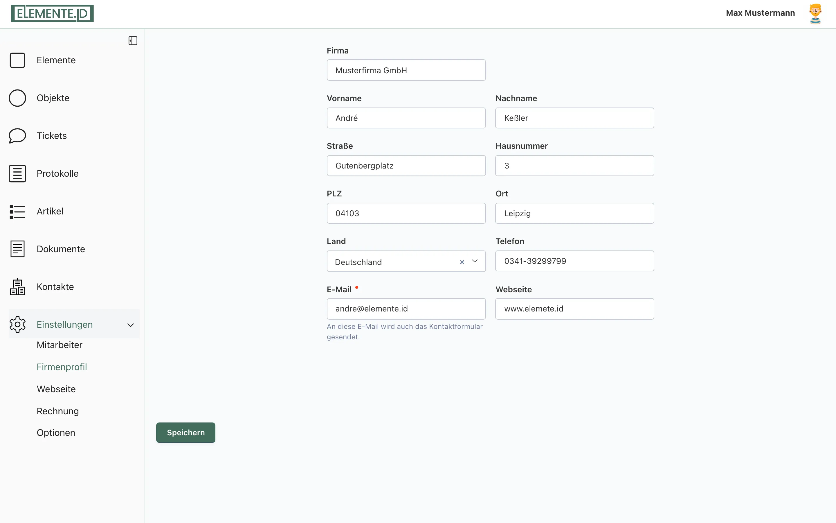 Screenshot: Formular Firmenprofil mit den Feldern Firma, Adresse, E-Mail und den Schaltern Aktiv und ChatBot