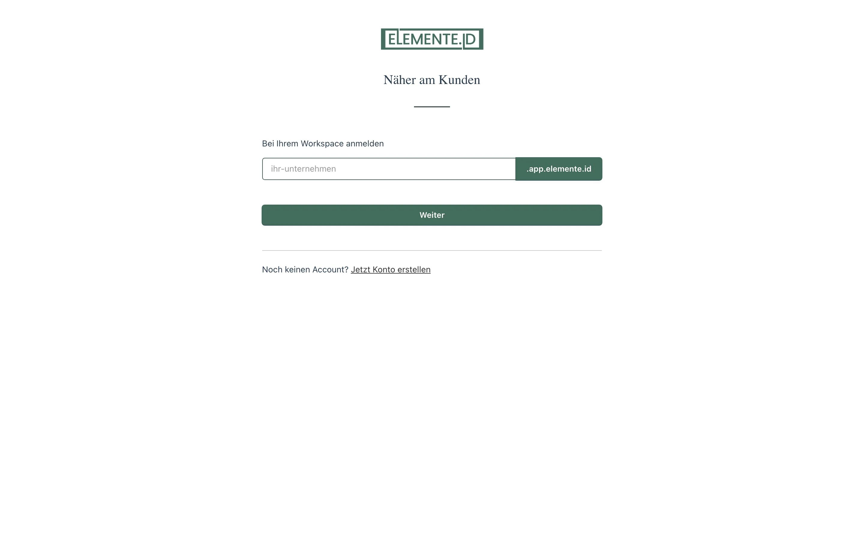 Screenshot: Anmeldeseite mit Eingabefeld für den Unternehmensnamen und festem Zusatz .app.elemente.id
