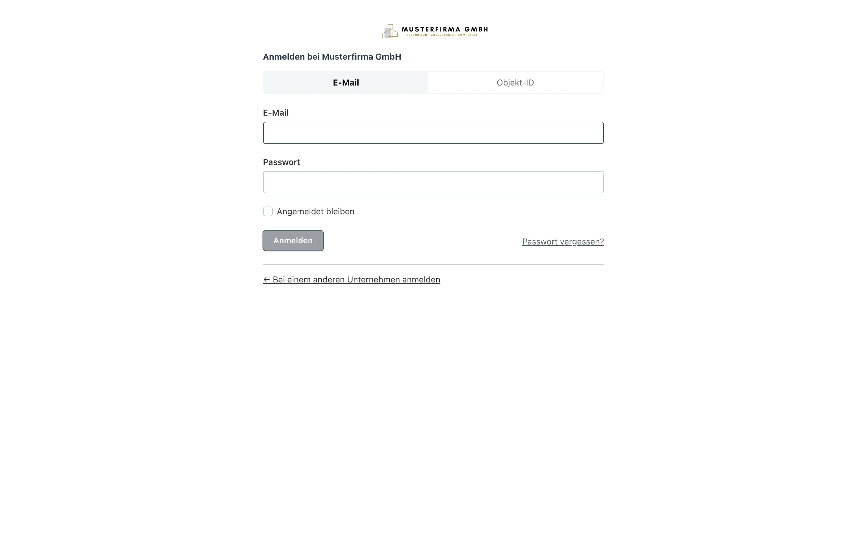 Screenshot: Anmeldemaske mit den beiden Reitern „E-Mail" und „Objekt-ID"