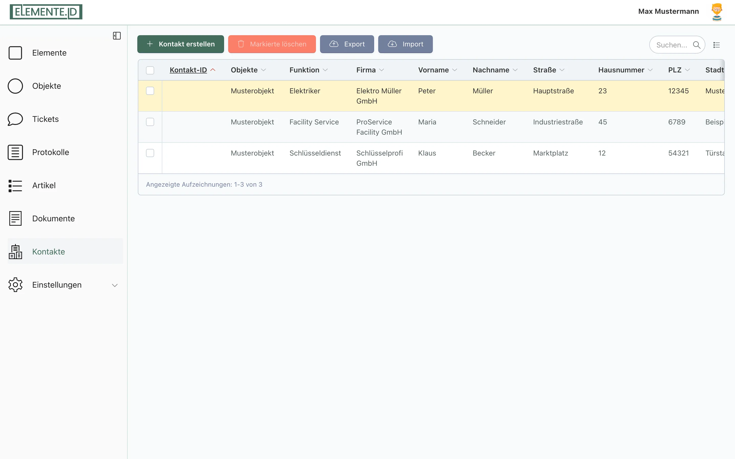 Screenshot: Hauptnavigation links mit hervorgehobenem Eintrag „Kontakte"