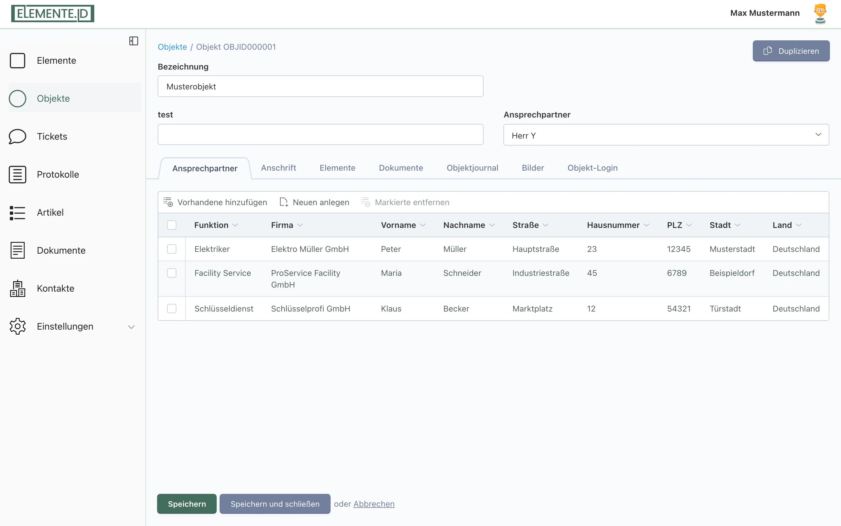 Screenshot: Objekt-Ansicht mit der Liste der zugehörigen Elemente