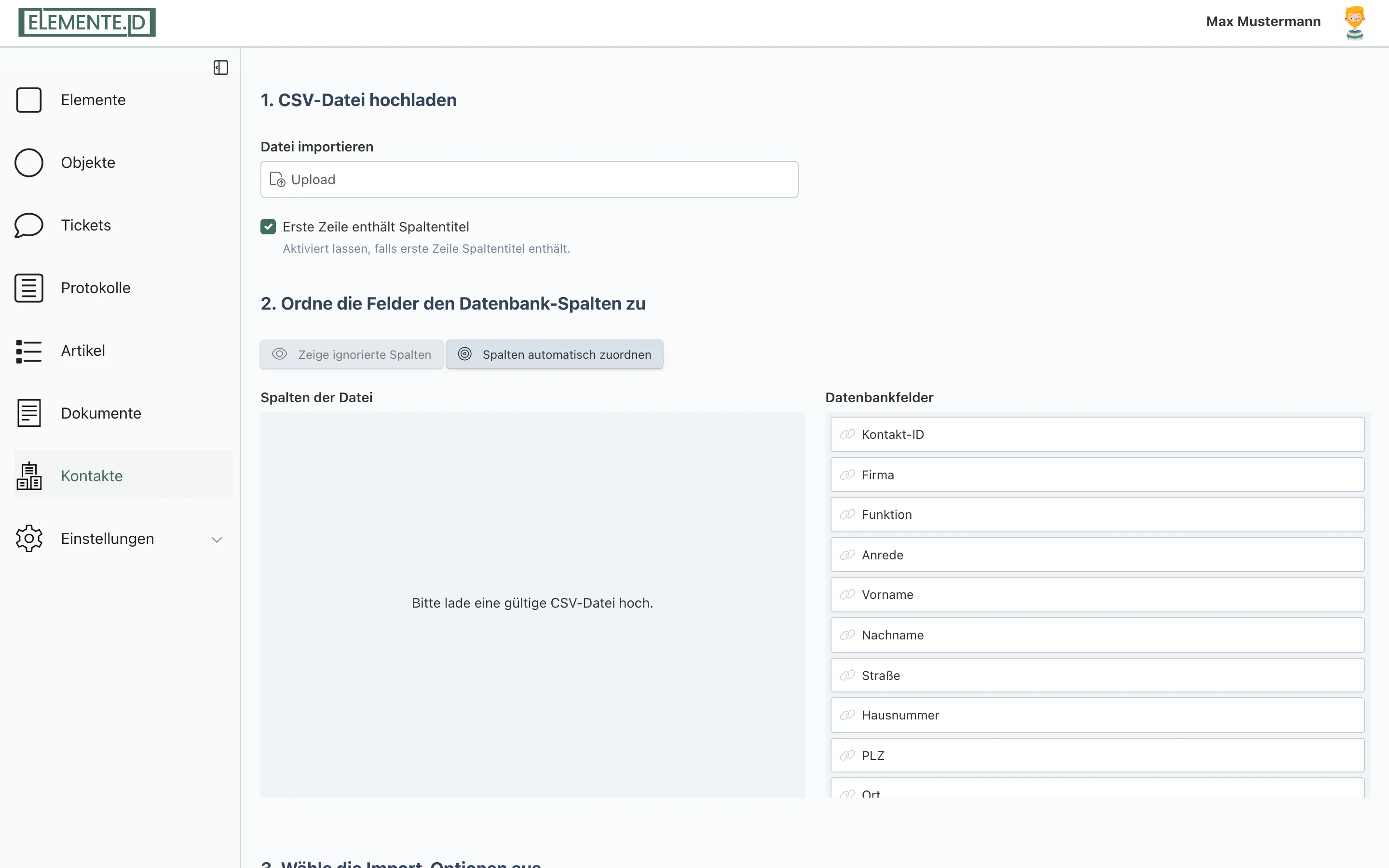 Screenshot: Fenster „Kontakte importieren" mit Datei-Upload und Spaltenzuordnung