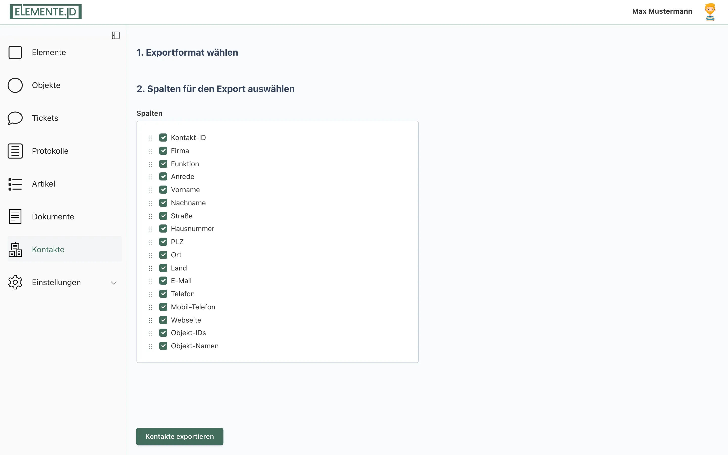 Screenshot: Fenster „Kontakte exportieren" mit Schaltfläche „Kontakte exportieren"