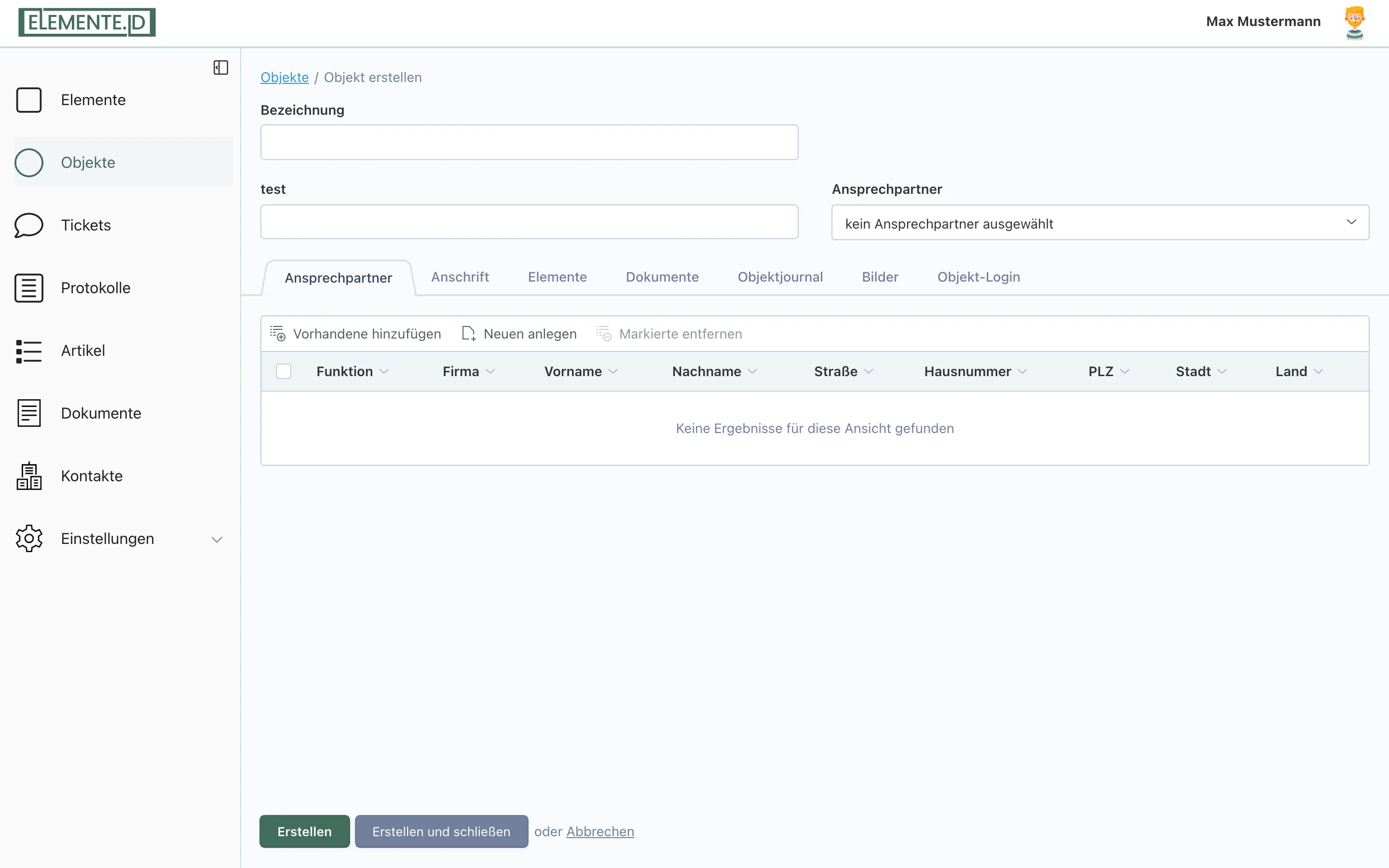 Screenshot: Anlege-Formular mit dem Feld Bezeichnung und der Auswahl Sachbearbeiter