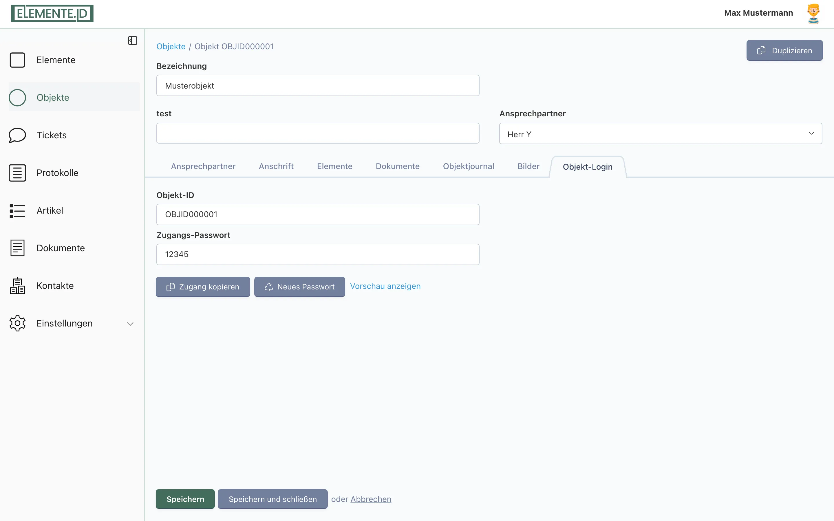 Screenshot: Reiter Objekt-Login mit Objekt-ID, Zugangs-Passwort und den Schaltflächen Zugang kopieren und Neues Passwort