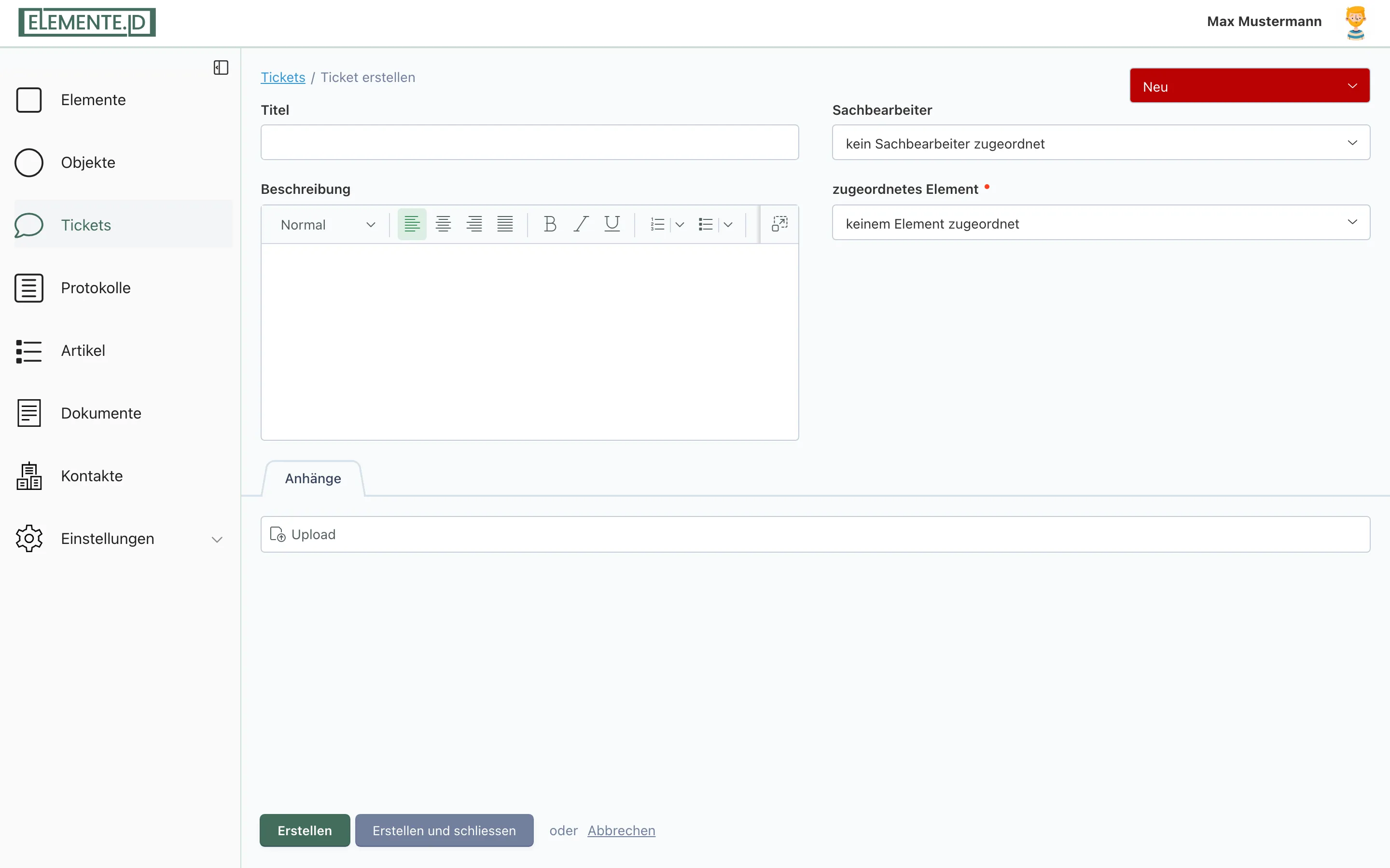 Screenshot: Das leere Ticket-Formular beim Anlegen mit den Feldern Status, Sachbearbeiter und dem Reiter „Details"